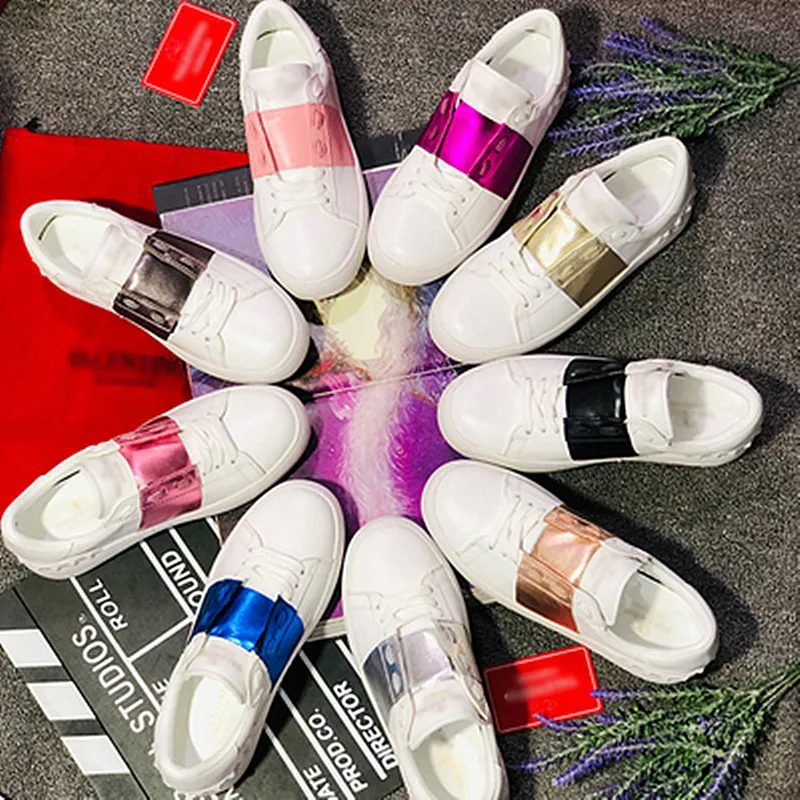 

2019 autumn new V brand leather high-end small white shoes female flat-bottom color matching women's shoes with rivets series