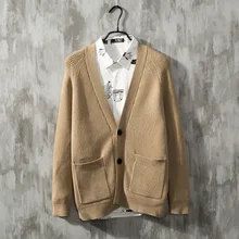 Коллекция осень, мужской вязаный кардиган, Молодежный, для развития нравственности, чистый цвет, длинный рукав, v-образный вырез, однобортный свитер