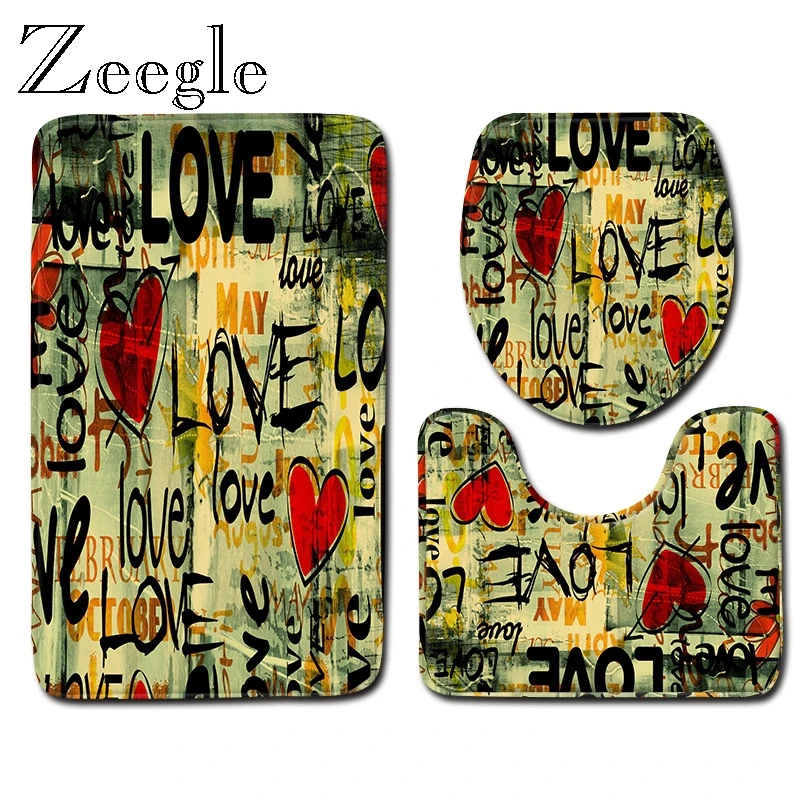 Zeegle Creative Pattern Bath Mat Set 3pcs Toilet Rug Set Pedestal Rug Lid Toilet Cover Bathroom Entrance Doormat Polyester Rug