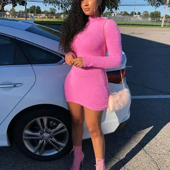 

2019 Women Plush Dresses Autumn Winter Warm Bodycon Long Sleeve Knitted Female Ladies Sweater Mini Dress Party Casual Jumper