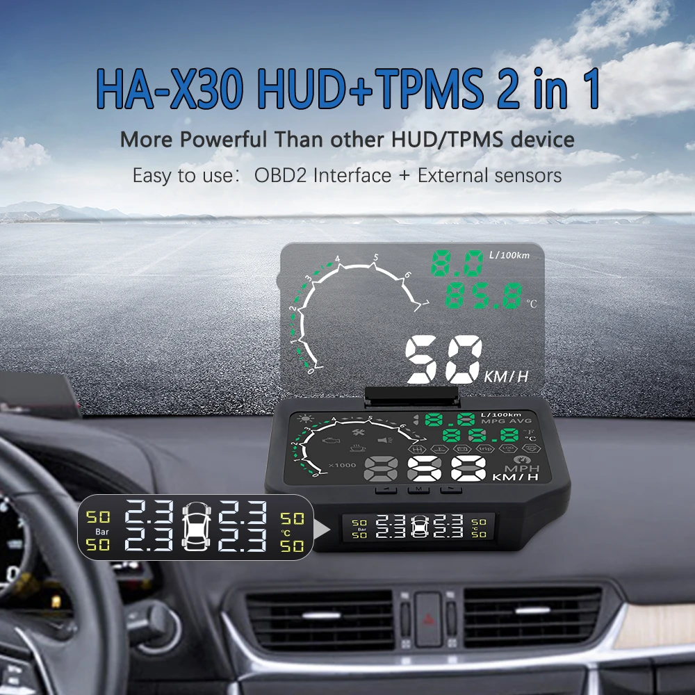 Дисплей HUD+ TPMS HA-X30, автомобильная электроника, измеритель скорости, OBD OBD2, HUD Дисплей, автомобильный проектор скорости, цифровой бортовой компьютер