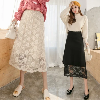

Women Knit Skirt Autumn Winter Elegant Women High Waist A-Line Reversible Long Lace Knitted Skirts Ladies