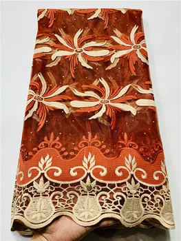 

Latest High Quality orange French Net Lace Fabric stone Embroidered Guipure Nigerian Lace fabric FYIN38