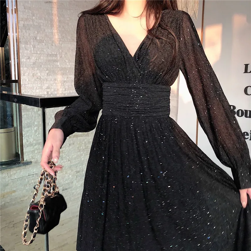 knee length dresses for ladies Baltic Born Womens Eclipse Sequin Midi Dress | Black + Gold main image 0