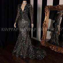 Длинные сверкающие платья для выпускного вечера Русалка Стиль с длинным рукавом и серебряного цветов; блестящая Для женщин праздничный черного цвета для девочек платья для выпускного бала