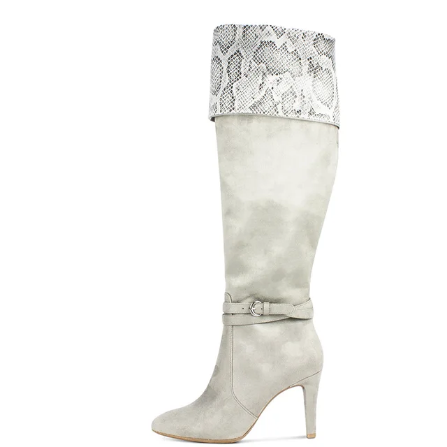 grey snake print over the knee boots