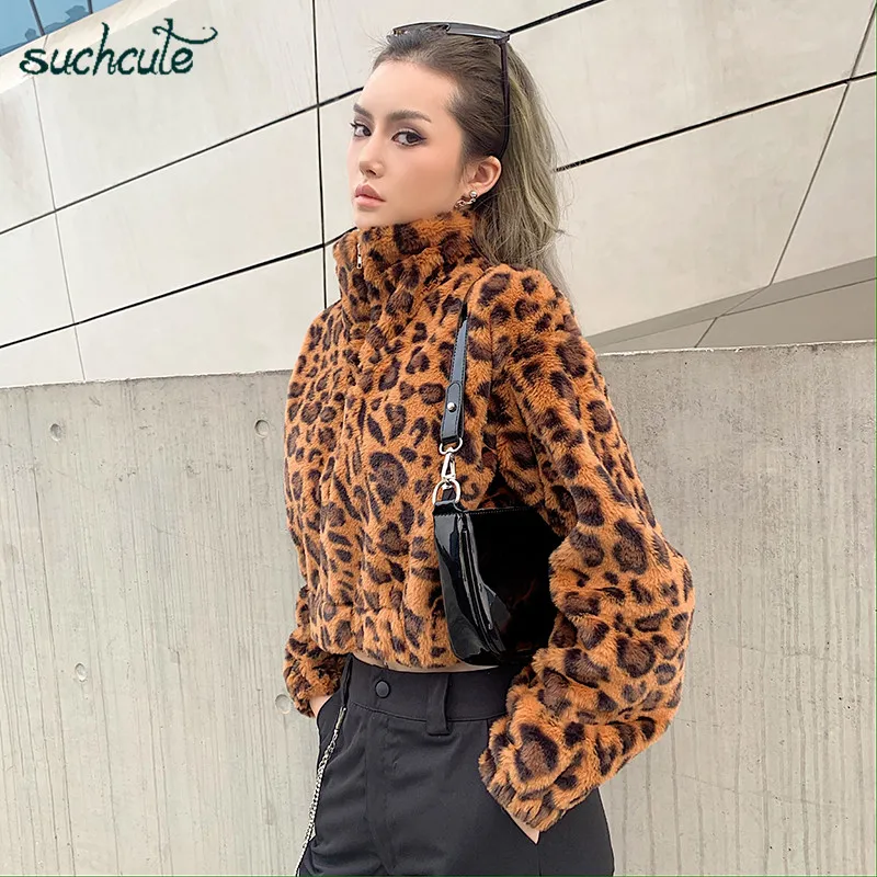 SUCHCUTE Wool Women Fur Jacket Warm Modis Leopard Print Autumn Winter Sweatshirts Casual Futerko Kurtka Damska Manteau Tops