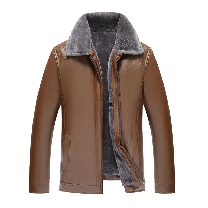 Зимняя мужская куртка с меховым воротником, кожаные куртки, пальто, Jaqueta Couro, мужская кожаная куртка, Мужская кожаная верхняя одежда с воротником-стойкой - Color: brown