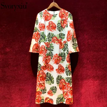 

Svoryxiu 2020 Spring Summer Runway Designer 3/4 Sleeve Dress Women's Vintage Red Flower Print Elegant Party Midi Dresses