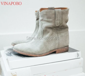 

Vinapobo Classic Retro Nude Suede Ankle Boots For Women Embroider Height Increase heels Short Boots Flat Winter Shoes Woman