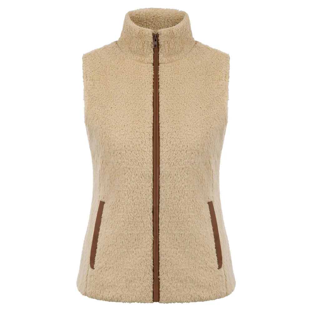 

Khaki/Grey Women tops Fleece Vest Coat Stand Collar Zip-up Stylish Warm Sleeveless autumn winter casual pockets coat female lady