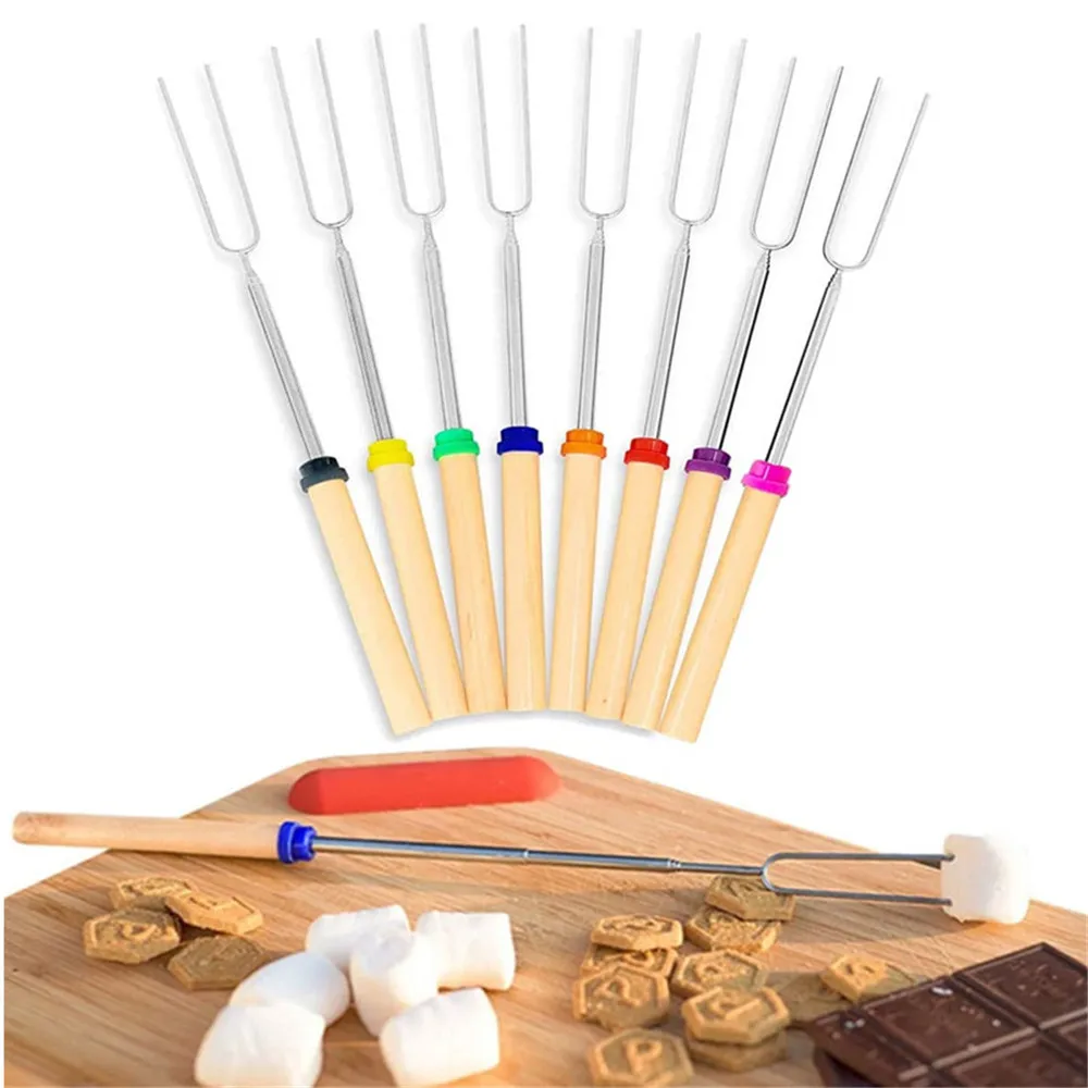 

5 Pcs Marshmallow Roasting Sticks Wooden Handle Set of 5 Skewers Telescoping Forks for Hot Dog Campfire Camping Stove BBQ Tools
