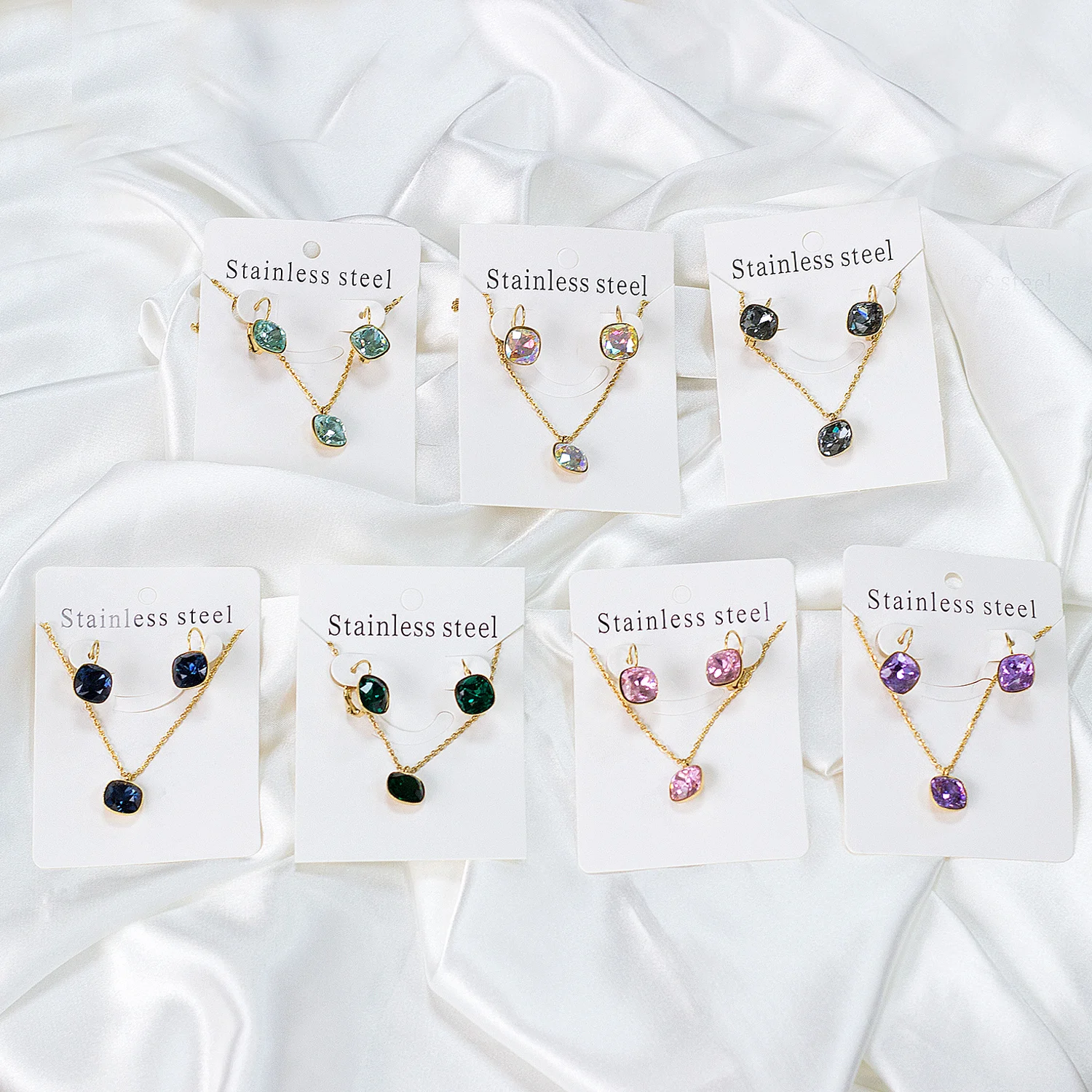 Square Crystal Pendant Necklace Earrings Set Stainless Steel Jewelry Set For Women Party Gift