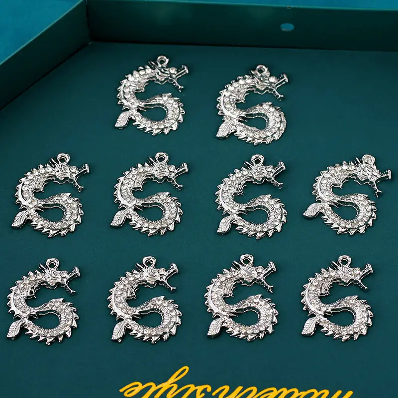 

10Pcs Rhinestone Zinc Alloy Silver Dragon Charms 33*25mm Trendy Metal Animals Jewelry Charm For DIY Necklace Making Accessories