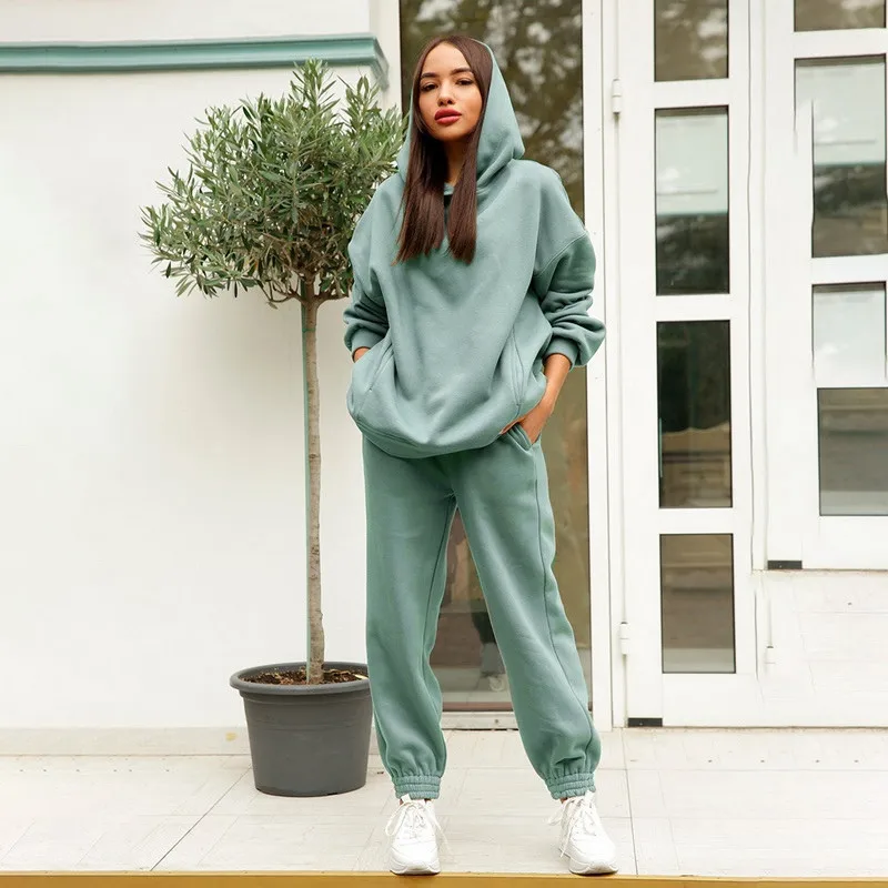 plus size pant suits Women's Tracksuit Autumn Winter Warm Solid Color Fleece Oversized Sweatshirts Female Sports Hoodie and Long Pant Two Piece Sets plus size pant suits for weddings