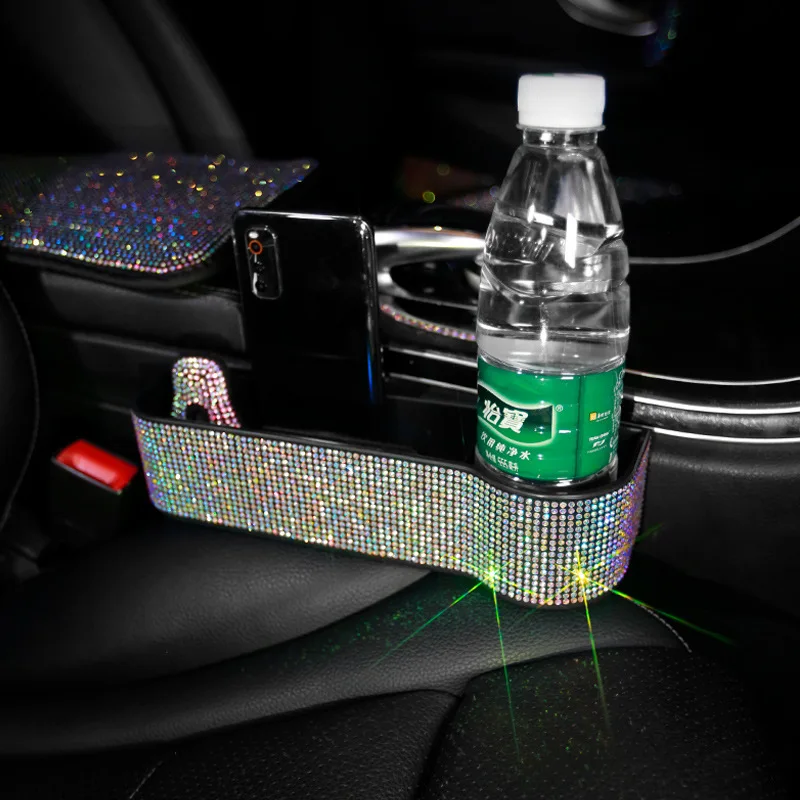 

Multi function car storage box diamond inlay lovely fashionable auto seat gap filler water cup organizer for women and girls