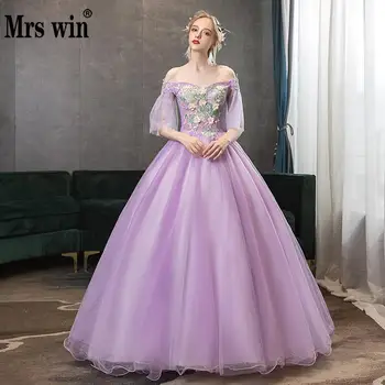 

Mrs Win Prom Dress 2020 Sexy V-neck Ball Gown Off The Shoulder Luxury Embroidery Party Quinceanera Dresses Plus Size