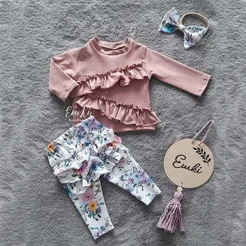

Pretty Kids Baby Girl Floral Outfits Clothes 3Pcs Ruffles Plain Shirts+Flowers Pants+Headband Sets Autumn Kids Girl Sets 1-6Y