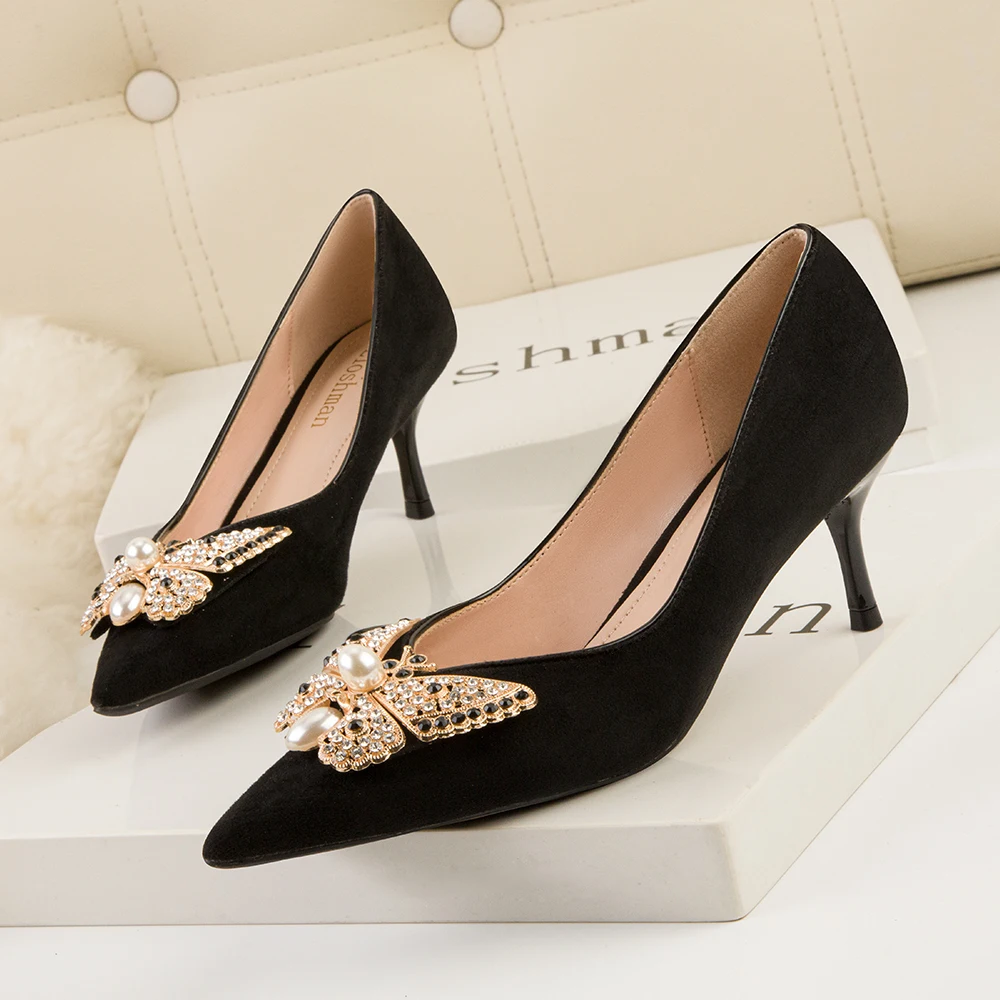 Women High Heels Suede Pumps Woman Shoes Butterfly Metal Decoration Branded Summer Luxury Microfiber Party Wedding Shoes 2022
