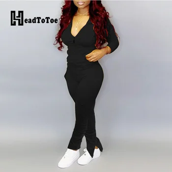 

Solid Zipper Design Long Sleeve Hooded Sweatshirt Tops & Skinny Slit Pants Set Women Two Piece Outfits Casual Sporty Tracksuits