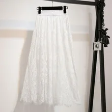 Женская плиссированная юбка, Весенняя тонкая сетчатая кружевная юбка с тюлем Jupe Jemme, белая черная юбка с высокой талией, сексуальные полые макси длинные юбки AQ878