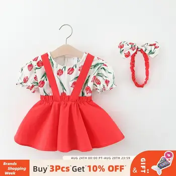 

Bear Leader Baby Girls Dress Summer Sweet Print Flower Princess Dresses for Girl Kids Dress 1st Birthday Dress with Hair Hoop