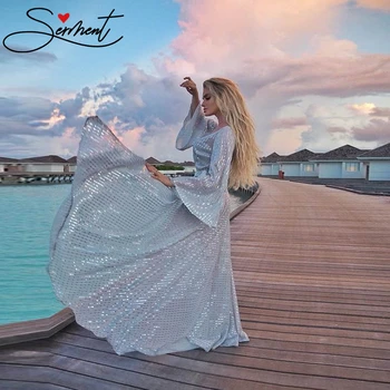 

Elegant Long-sleeved Sexy Evening Dress Full Body Mesh Beaded Crystal Backless Swing Dress Suitable for Formal Dance