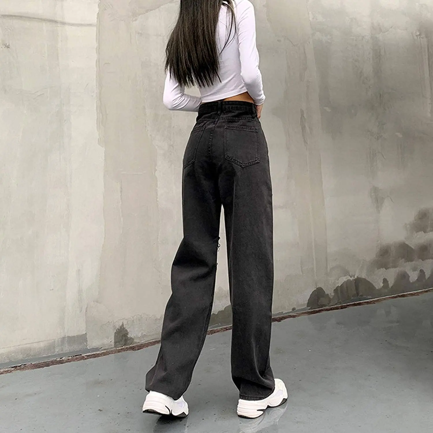 Women Ripped Black Jeans High Waisted 