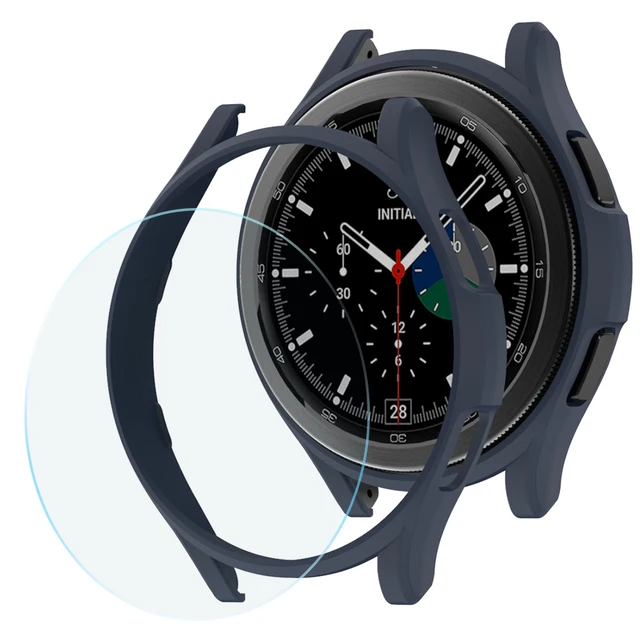 Glass+Case for Samsung Galaxy Watch 4 Classic 42mm 46mm,PC Matte Cover All-Around Protective Bumper Shell for Galaxy Watch4 Midnight Blue