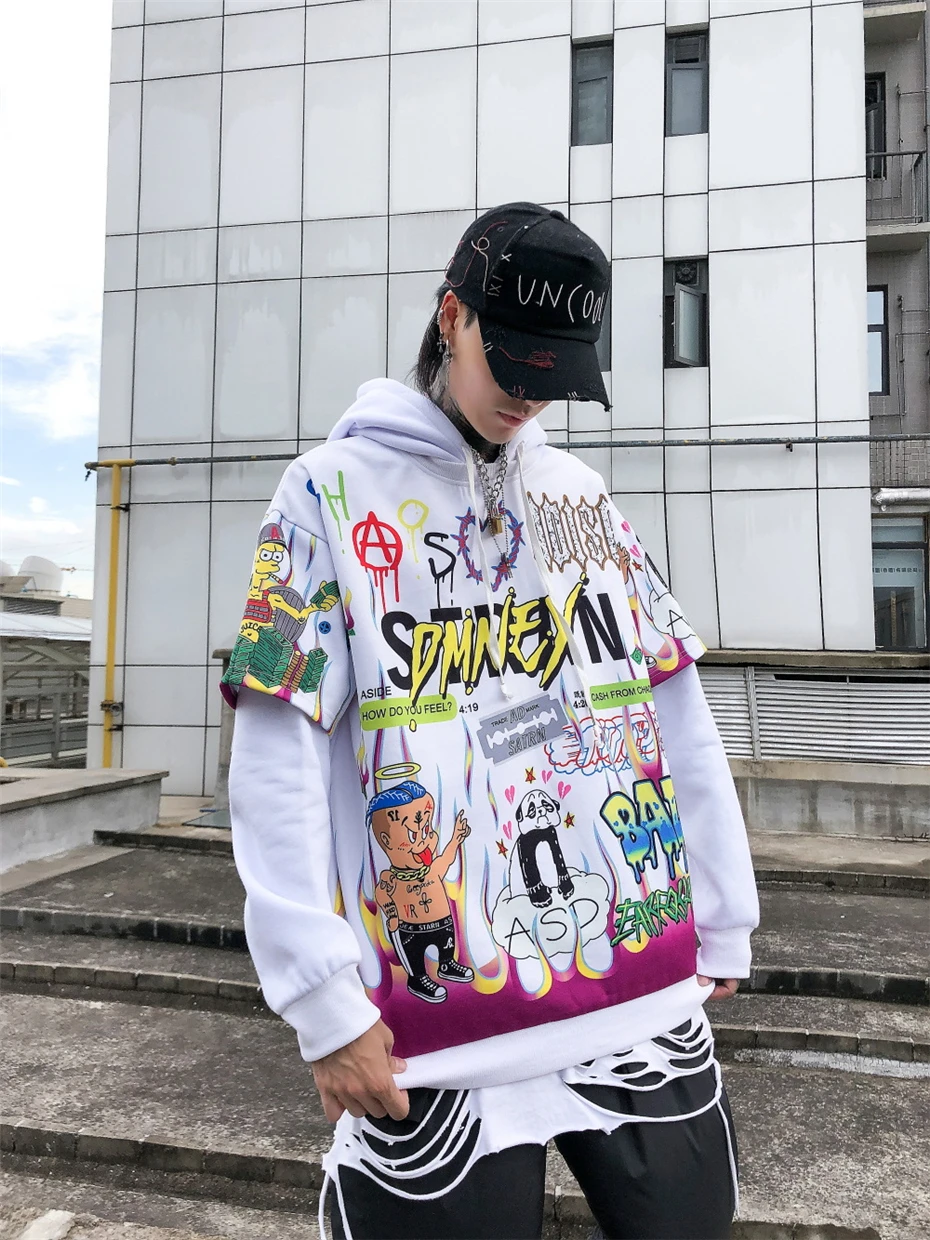 Хип-хоп худи граффити Мужской пуловер с капюшоном Harajuku осень зима модная повседневная Уличная желтая толстовка мужская WO031