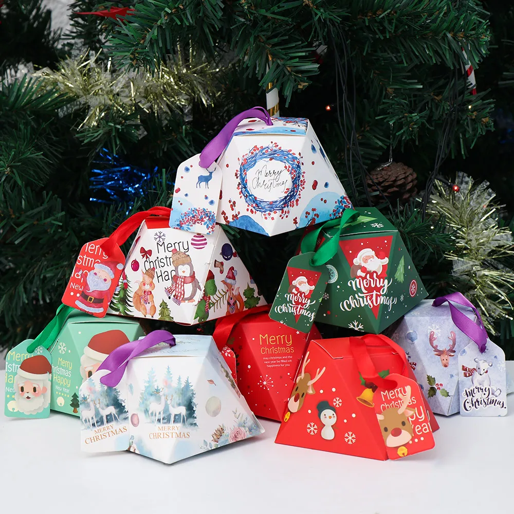 

5PCS Merry Christmas Candy Box Bag Christmas Tree Gift Box With Bells Paper Box Gift Bag Container Supplies Creative Candy Box