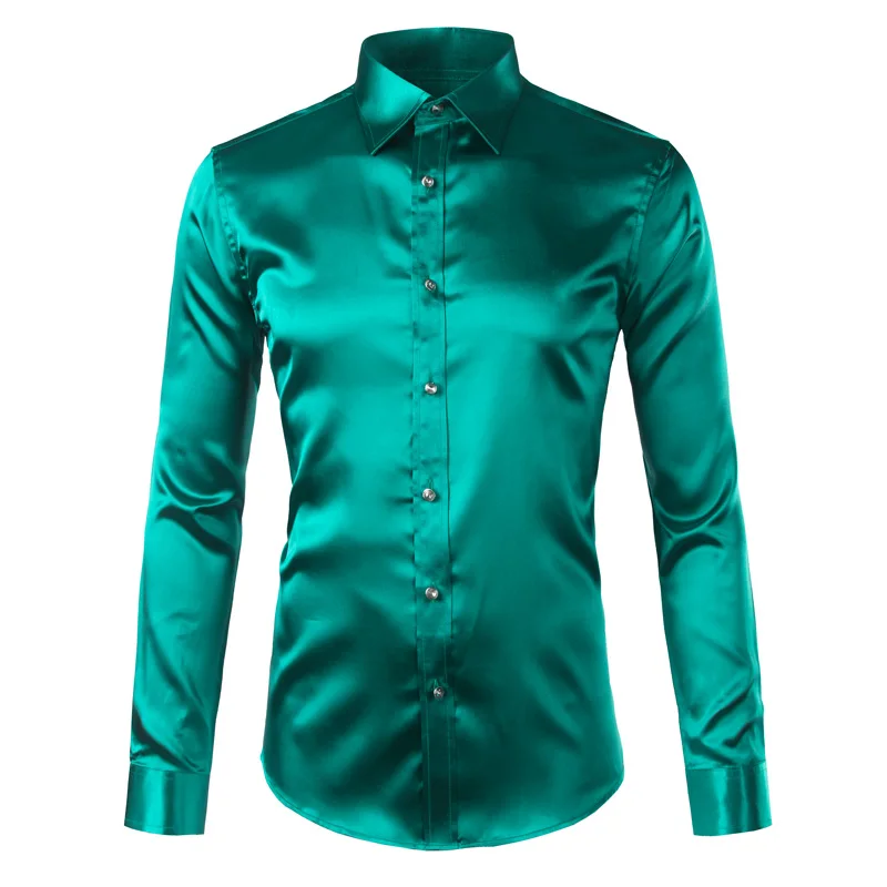 Luxury Shirt Men Silk Satin Smooth Mens 