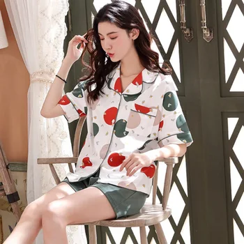 

2020 Summer Short Sleeve 100% Cotton Print Pajama Sets for Women Shorts Sleepwear Loungewear Homewear Pijama Mujer Home Clothes