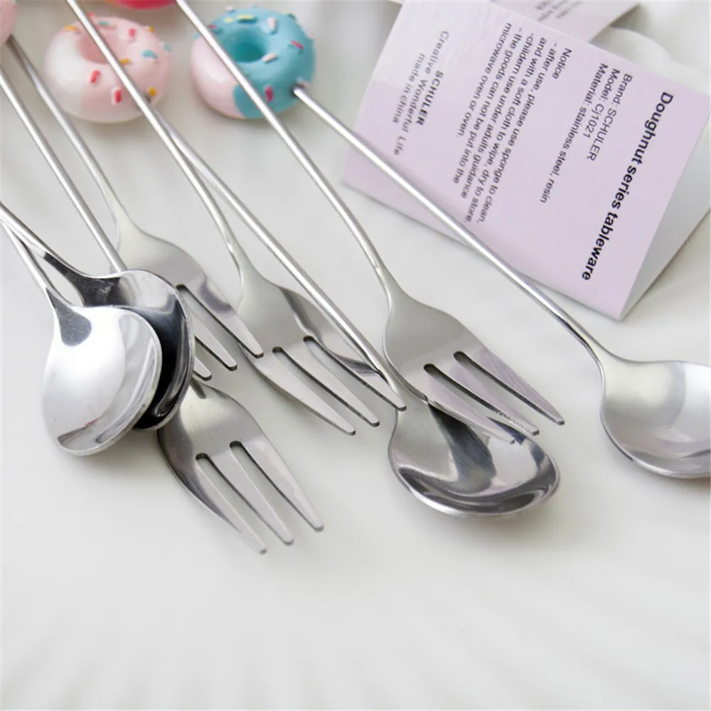 304 Stainless Steel Spoon Fork Cartoons Doughnut Silver Cutlery Coffee Dessert Tea Ice Cream Teaspoon Forks Dinnerware Tableware