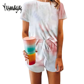 

Pajamas for Women Summer Print Casual 2 Piece Pjs Pajamas Set Lounge Set Short Sleeve Tops Sleepwear Shorts Leisure Wear 2020