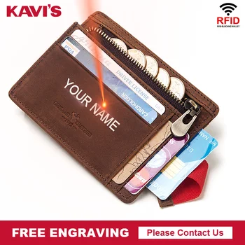 

KAVIS DIY Free Engraving Genuine Leather Mini Card Holder Multifunctional Men ID Card Wallet Case Coin Purse Thin Name Gift