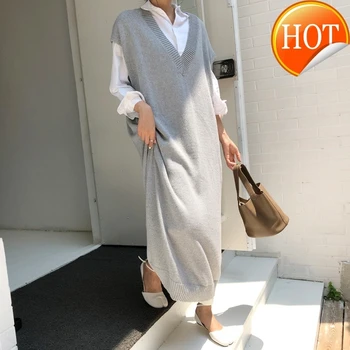 

Casual Winter Chic Oversize Straight Sleeveless Sweater Dress Women Thick Knit Long Dress Female Knitted Vest Dress
