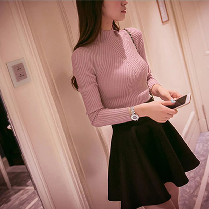 Skinny Slim Round Neckline Long Sleeve Knitted Sweater Women Knitted Pullover Female Autumn Knitwear Warm Pullovers - Цвет: Pink