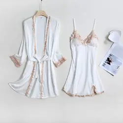 2021 Summer New Women's Pajamas Set, Silk Suspender, Two-piece Robe, Ice Silk Home Clothes, Sexy and Comfortable 2020