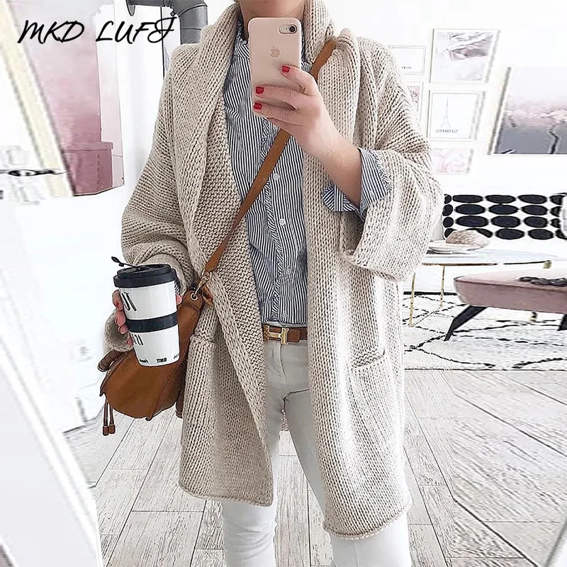 

Autumn Solid Long Cardigan with Pockets Women Open Front Casual Knitted Sweaters Outfits Streetwear