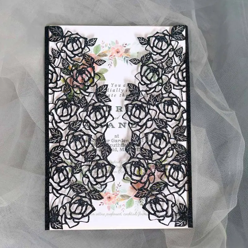  10pcs/set Glitter Laser Cut Rose Invitations Card With Ribbons Wedding Party 72XF - 4000389161397