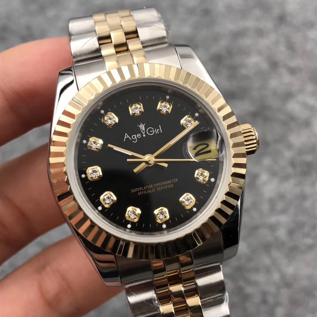 Роскошные брендовые новые женские часы Datejust из нержавеющей стали с автоматическим механическим сапфировым серебром 18 К желтое золото черные бриллианты часы 31 мм