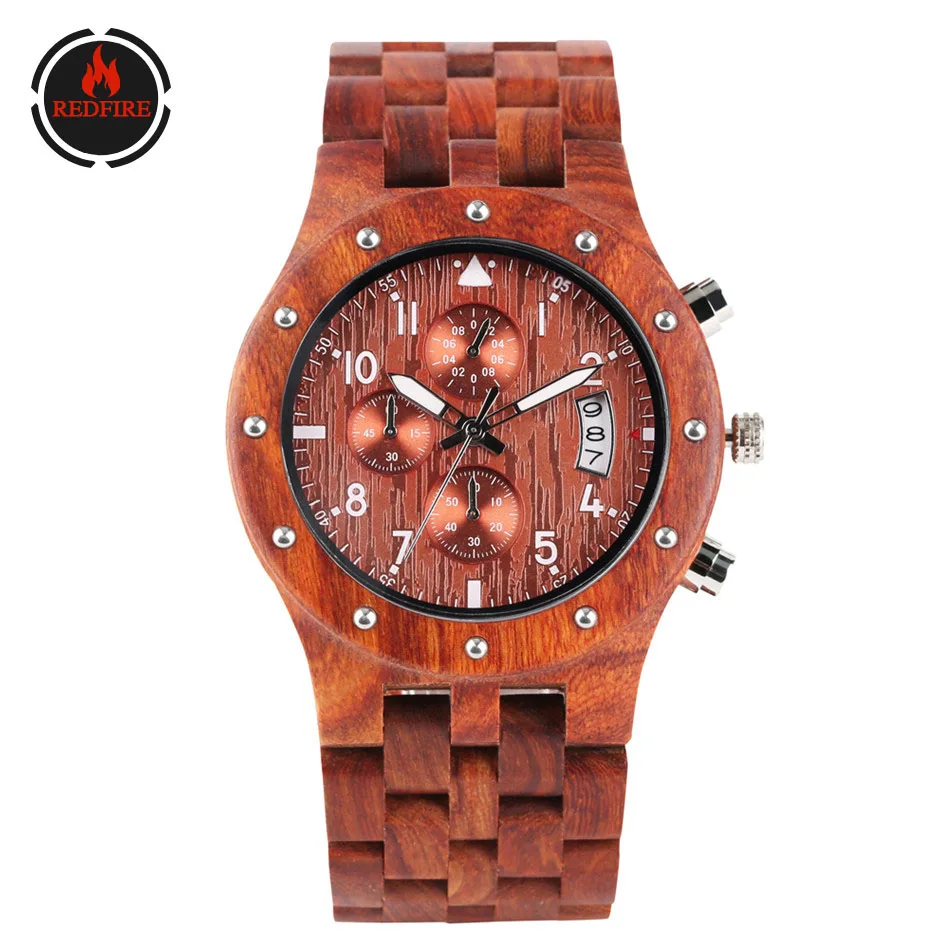 

REDFIRE Chronograph Dial Calendar Men Wood Watch Quartz Movement Natural Red Wooden Watch Strap Mens Business Wristwatches