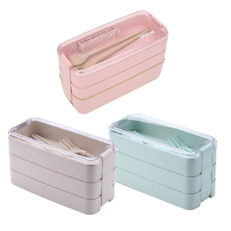 

900ml 3 Layer Wheat Straw Bento Microwave Food Storage Container Heating Lunch Box Lunchbox Silicone Container