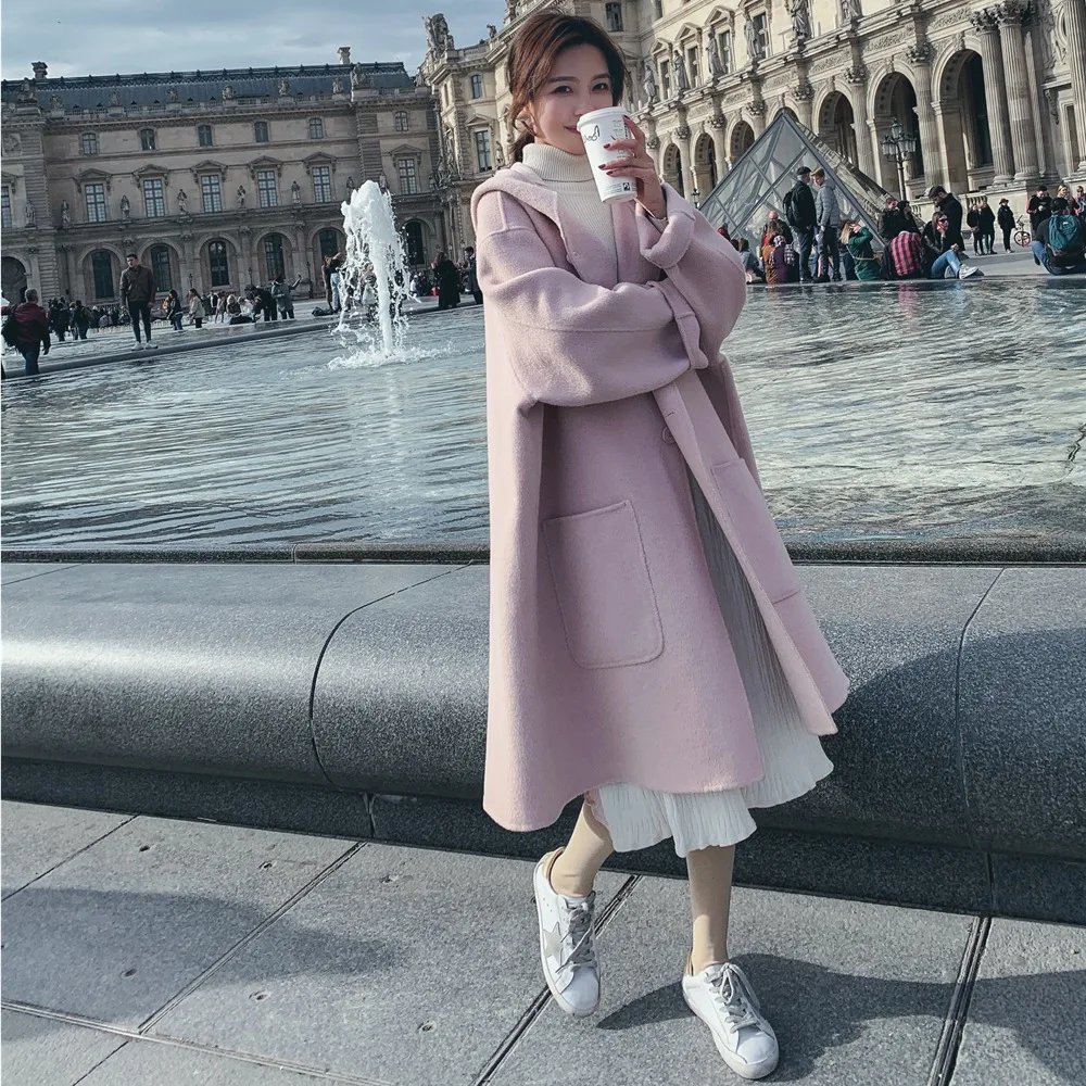 

Photo Shoot 2018 Winter New Style Korean-style Woolen Jacket-Style Retro CHIC Wind Mid-length Hooded Woolen Overcoat Women's