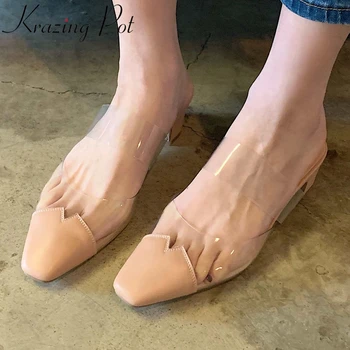 

Krazing pot new full grain leather women slip on mules square toe med heel high street fashion young lady daily wear sandals L95