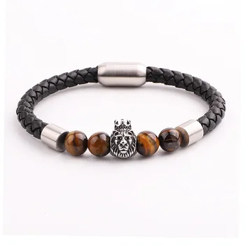 High Quality Men Jewelry New Design Natural Stone Stainless Steel Lion Charm Genuine Leather Bracelet Male