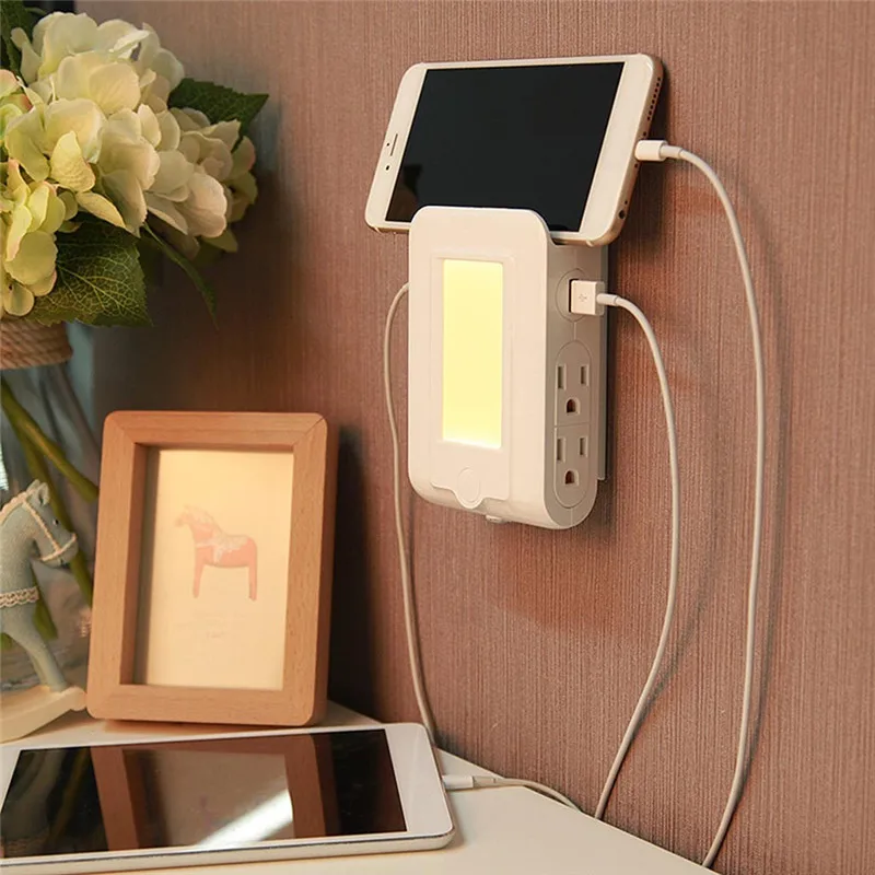 Wall Mount Charger 2 USB Ports and 4 AC Outlets Charging Station LED Night Light with Phone Holder Lamparas 40DEC1010