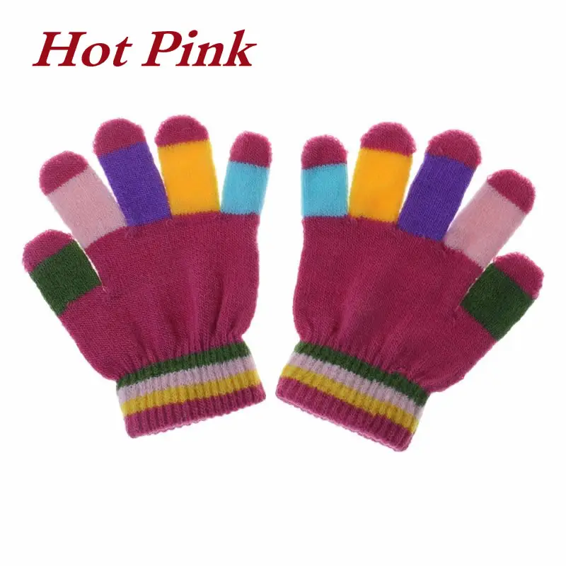 Hot Pink 1 пара, детские перчатки, теплые зимние детские цветные вязаные перчатки в полоску для мальчиков и девочек, Однотонные эластичные перчатки разных цветов - Цвет: Hot Pink