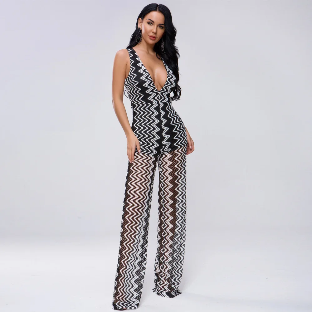 

Onesie Women's Europe And America New Style 2019 Spring And Summer Sexy V-neck Retro Slim Fit Workwear Straight-Leg Trousers